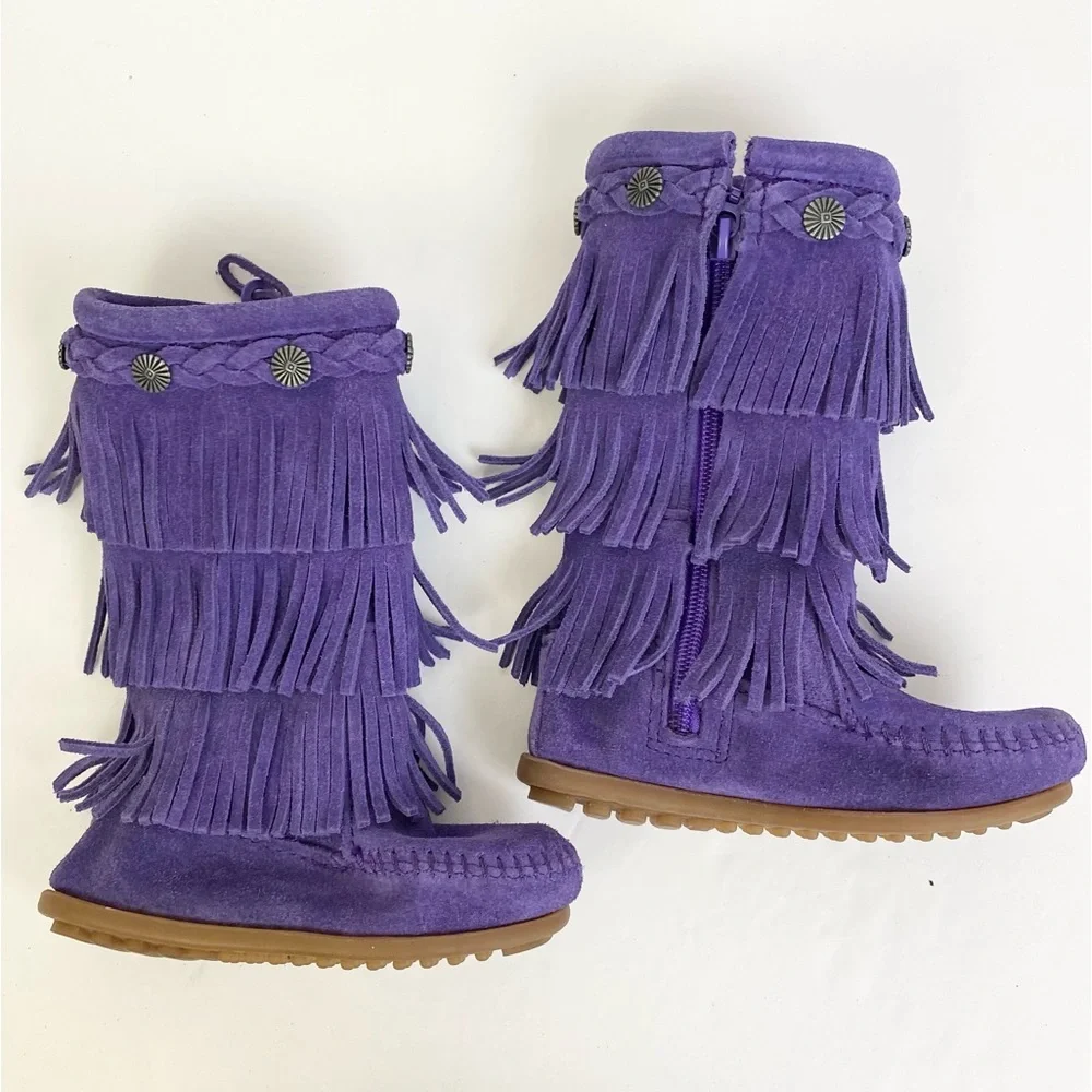 Minnetonka Purple Fringe Kids Moccasin Boots